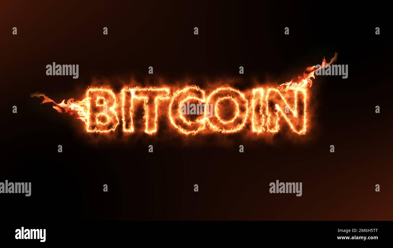 Bitcoin-Kryptowährung brennt vor schwarzem Hintergrund Stockfoto