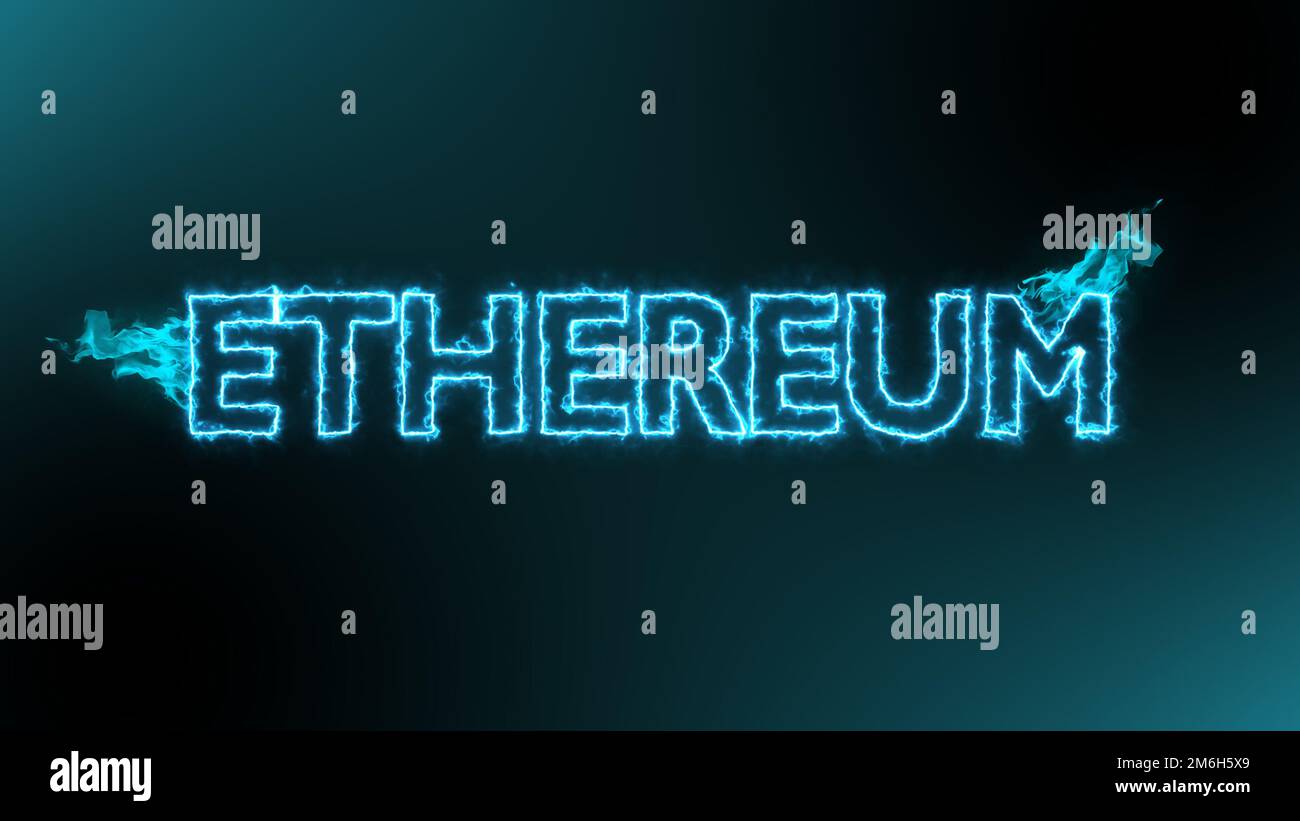 Ethereum-Kryptowährung auf blauer Feuerenergie auf schwarzem Hintergrund Stockfoto