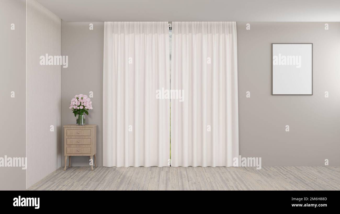 Weißer Vorhang im Wohnzimmer mit Holzfußboden, rosafarbener Holzschrank im Wohnzimmer (3D cm) Stockfoto