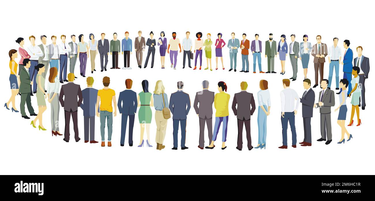 Große Gruppe von Menschen, die einen Kreis bilden, isoliert auf weißem Hintergrund. Illustration Stockfoto