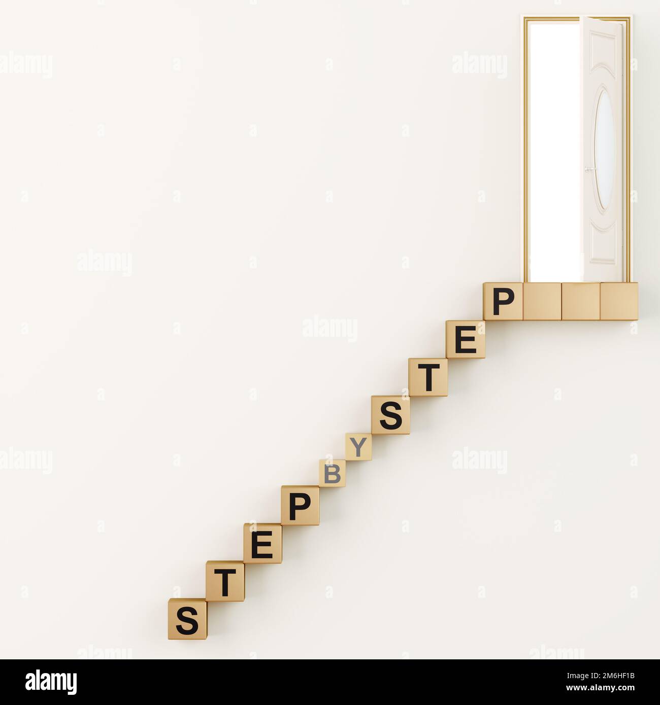 Die schrittweise Beschriftung auf Holzwürfeln in Form von Stufen, die zu einer offenen Tür führen. Erfolgskonzept. 3D-Rendering Stockfoto