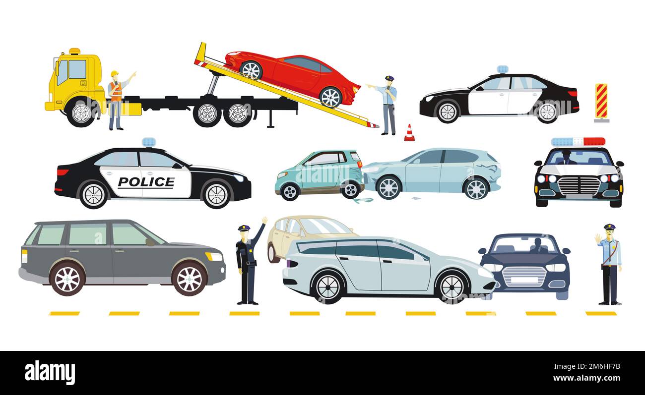 Autos auf Abschleppwagen mit Polizei, isoliert auf weißem Hintergrund. - Llustration Stockfoto