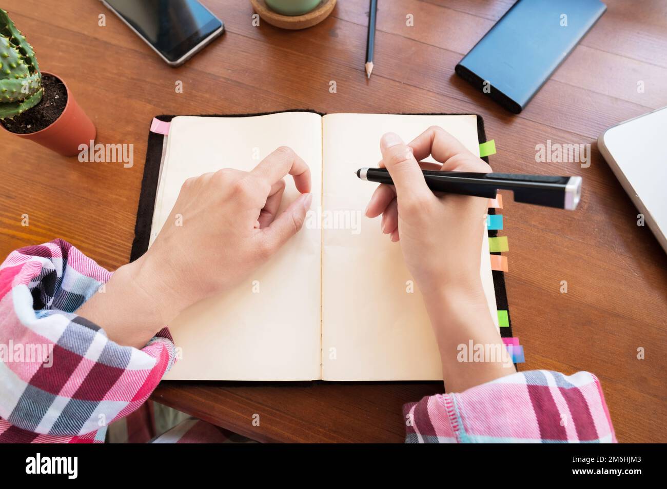 Junge kaukasische attraktive Frau, die Notizen in ihrem Notizbuch macht, während sie in der Küche am Tisch sitzt. Schreibpapier Notizbuch Stockfoto