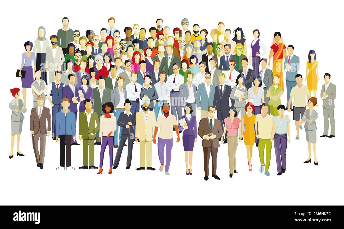 Eine große Gruppe von Menschen zusammen, isoliert auf weißem Hintergrund. Illustration Stockfoto