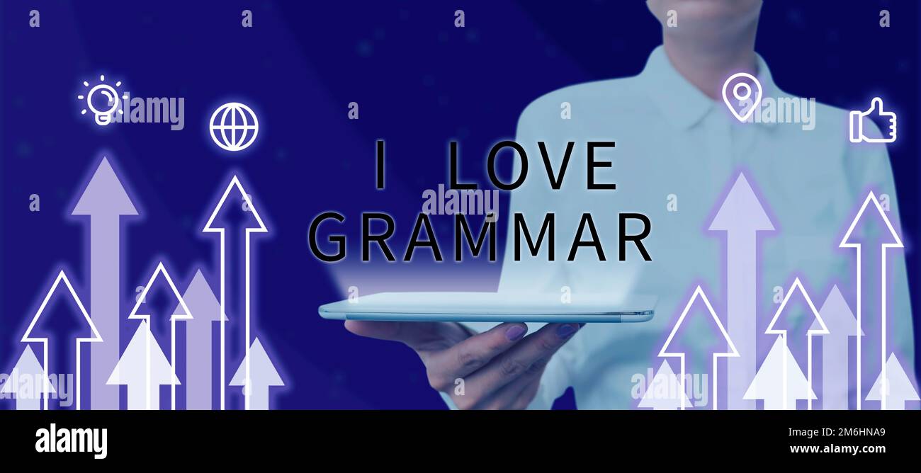 Textzeichen mit „I Love Grammar“. Geschäftsvorstellung der Bewunderung des Systems und der Sprachstruktur Stockfoto