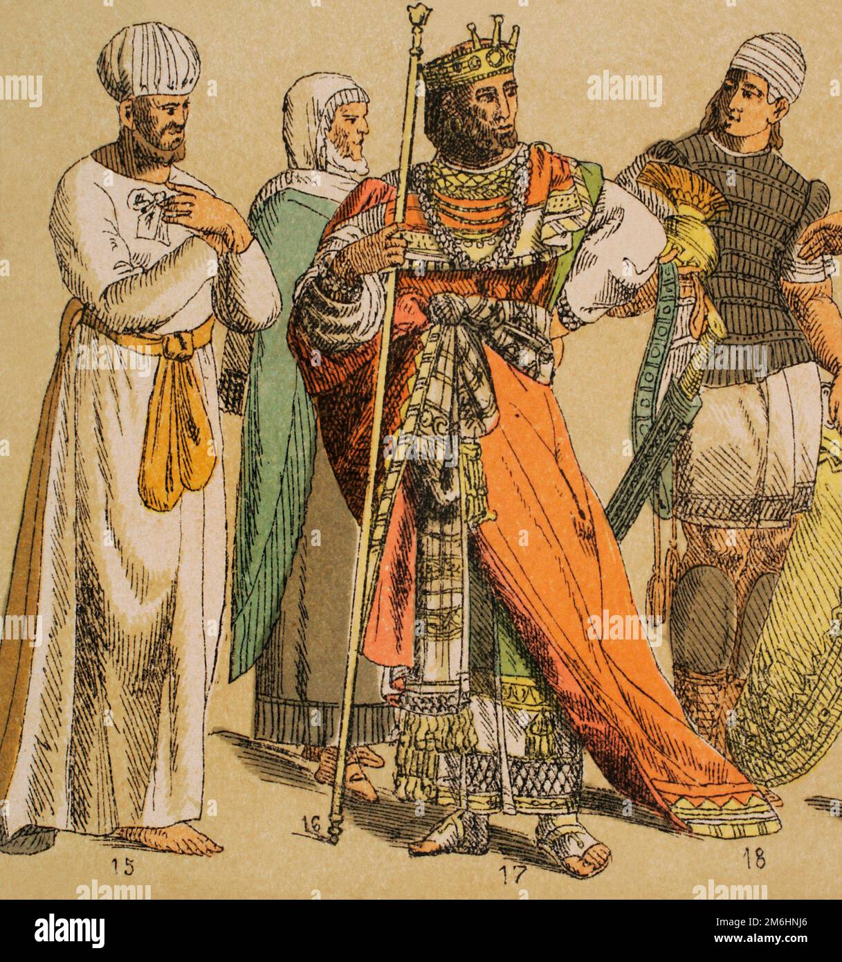 Israel. Hebräer. Von links nach rechts; 15: Priestergewand, 16: Assyrisch-hebräisches Kleid, 17: Reiche Männerkleidung in der Zeit von David und Salomon, 18: Krieger-Gewand. Chromolithographie. „Historia Universal“ (Universelle Geschichte) von Cesar Cantu. Band I, 1881. Stockfoto