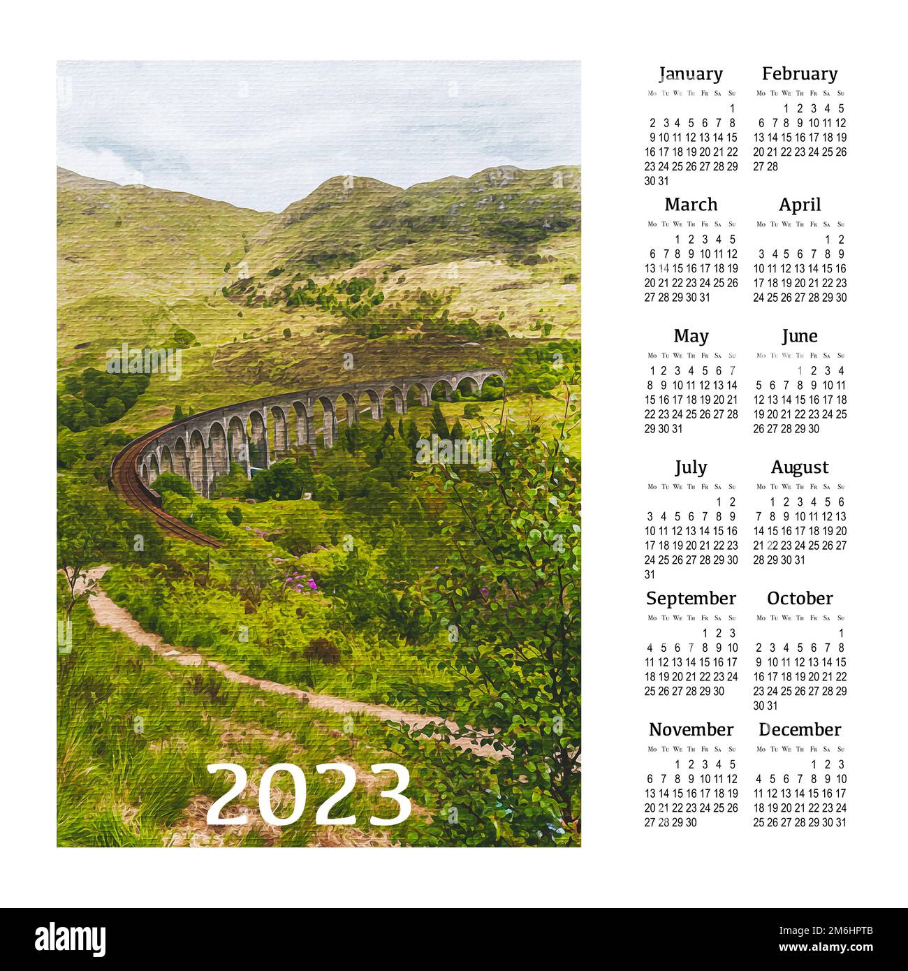 Kalender für 2023 auf weißem Hintergrund zum Drucken. Schottland, Großbritannien. Stockfoto