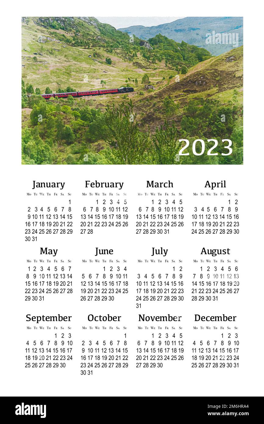 Kalender für 2023 auf weißem Hintergrund zum Drucken. Schottland, Großbritannien. Stockfoto