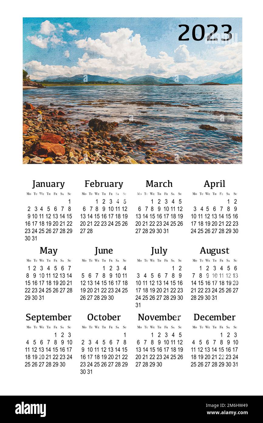 Kalender für 2023 auf weißem Hintergrund zum Drucken. Schottland, Großbritannien. Stockfoto