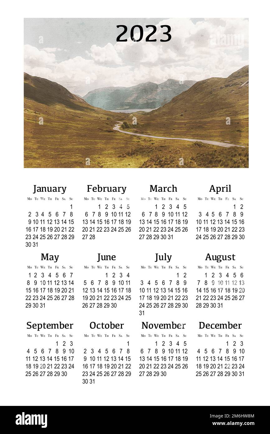 Kalender für 2023 auf weißem Hintergrund zum Drucken. Schottland, Großbritannien. Stockfoto