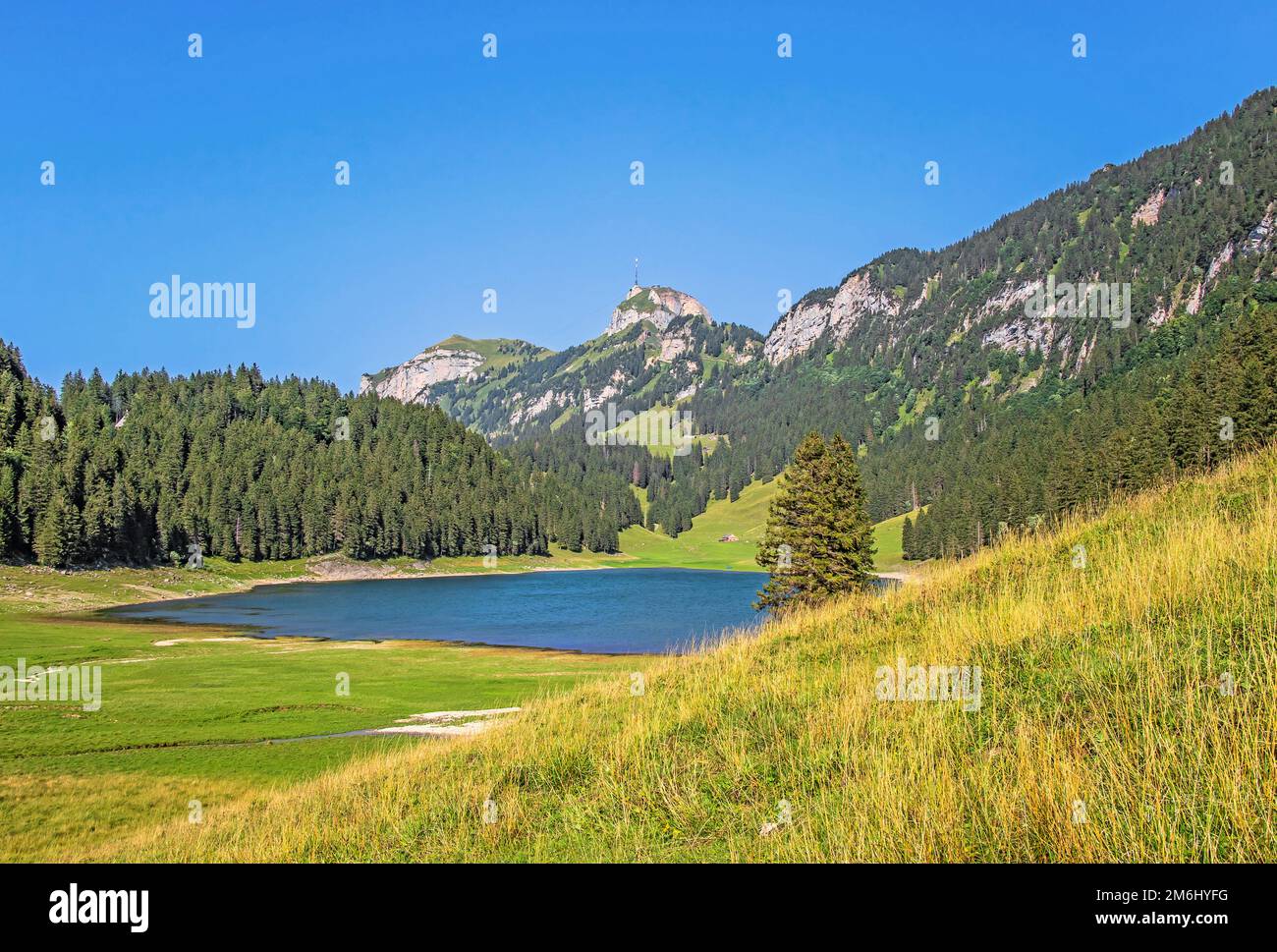 Hoher Kasten und See SÃ¤mtis im Alpstein, Appenzell Innerrhoden, Schweiz Stockfoto
