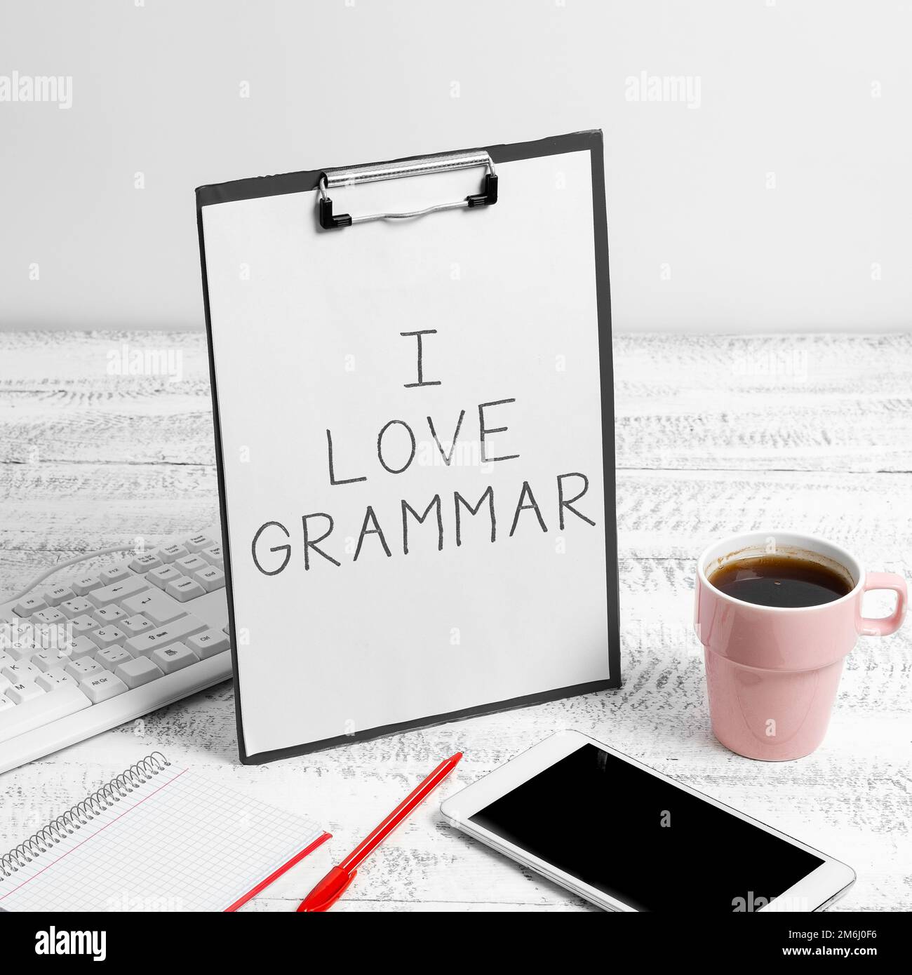 Textzeichen mit „I Love Grammar“. Ubersichtsarbeit über Bewunderungssystem und Sprachstruktur Stockfoto