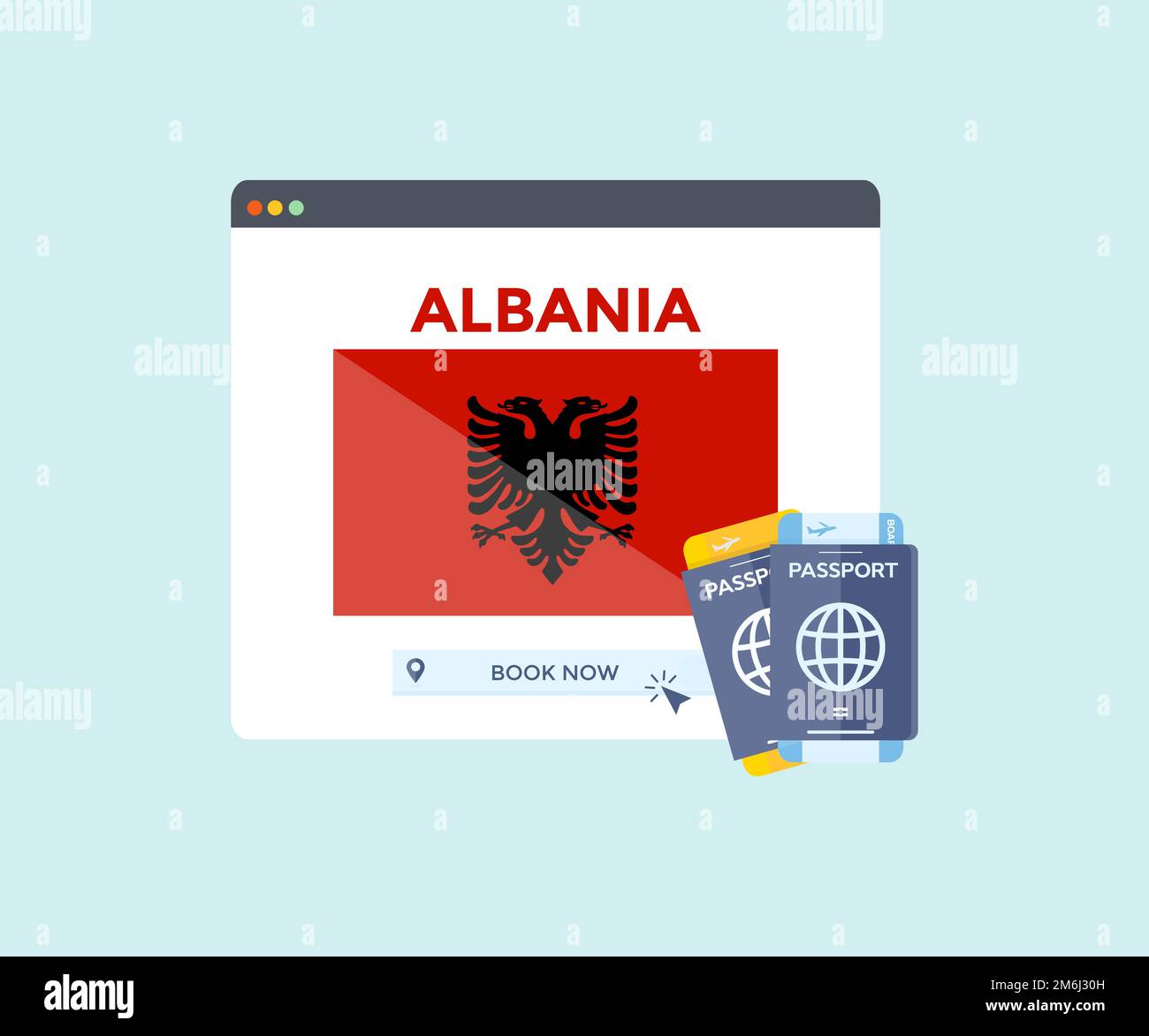 Online-Buchungsservice auf Webbrowserseite, Reise, Reiseplanungsland Albanien Nationalflagge Logo-Design. Online-Reservierung von Flugtickets. Stock Vektor