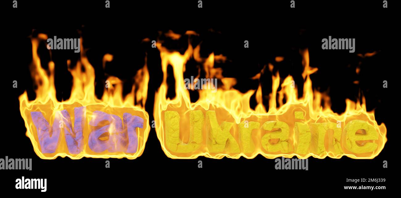 Der Inschriften-Krieg in der Ukraine brennt. Schwarzer Hintergrund. 3D-Rendering Stockfoto