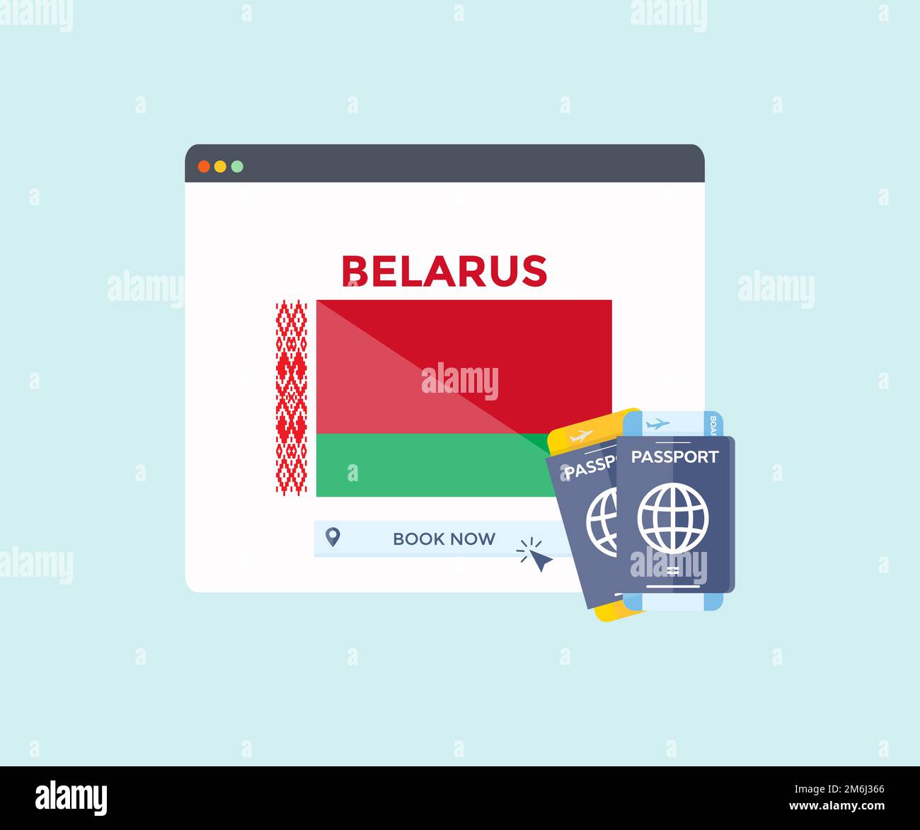 Online-Buchungsservice auf Webbrowser-Website, Reise, Reiseplanungsland Belarus Nationalflagge Logo Design. Online-Reservierung von Flugtickets. Stock Vektor