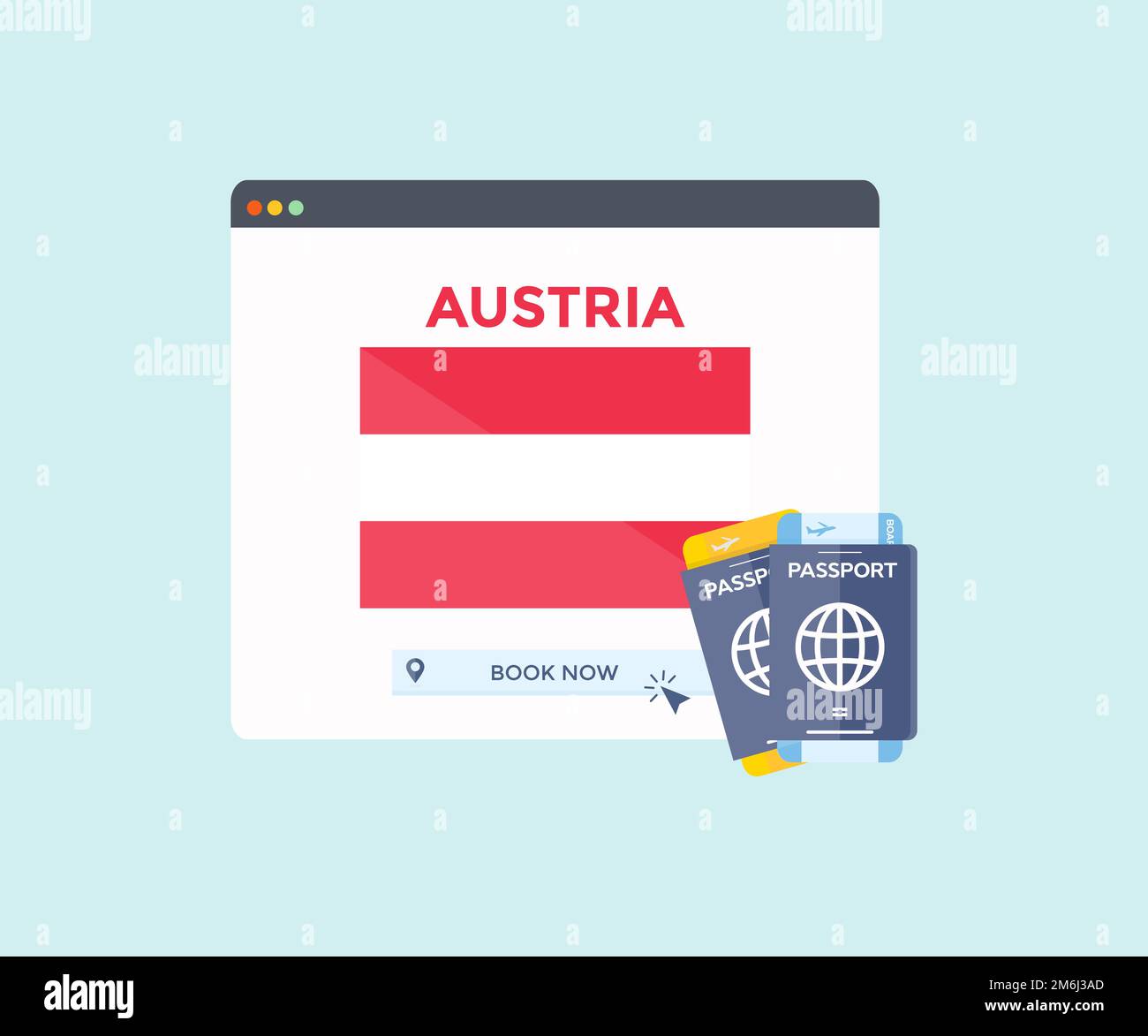 Online-Buchungsservice auf der Website eines Webbrowsers, Reise, Reiseplanungsland Österreich Nationalflagge Logo Design. Online-Reservierung von Flugtickets. Stock Vektor