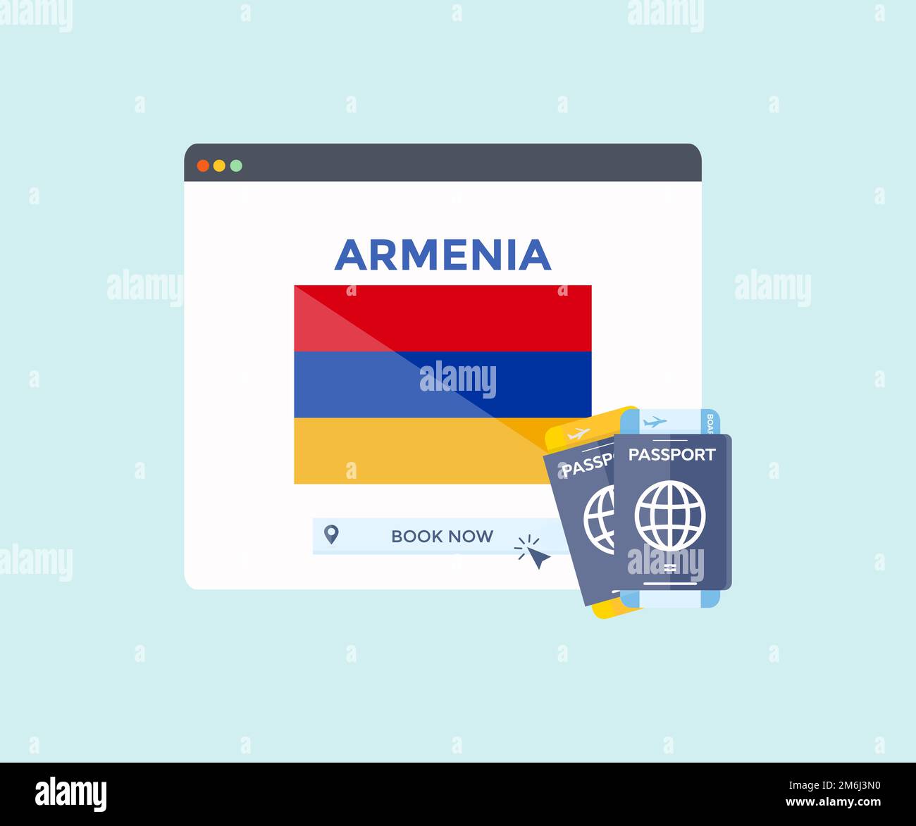 Online-Buchungsservice auf Webbrowser-Website, Reise, Reiseplanungsland Armenien Nationalflagge Logo Design. Online-Reservierung von Flugtickets. Stock Vektor