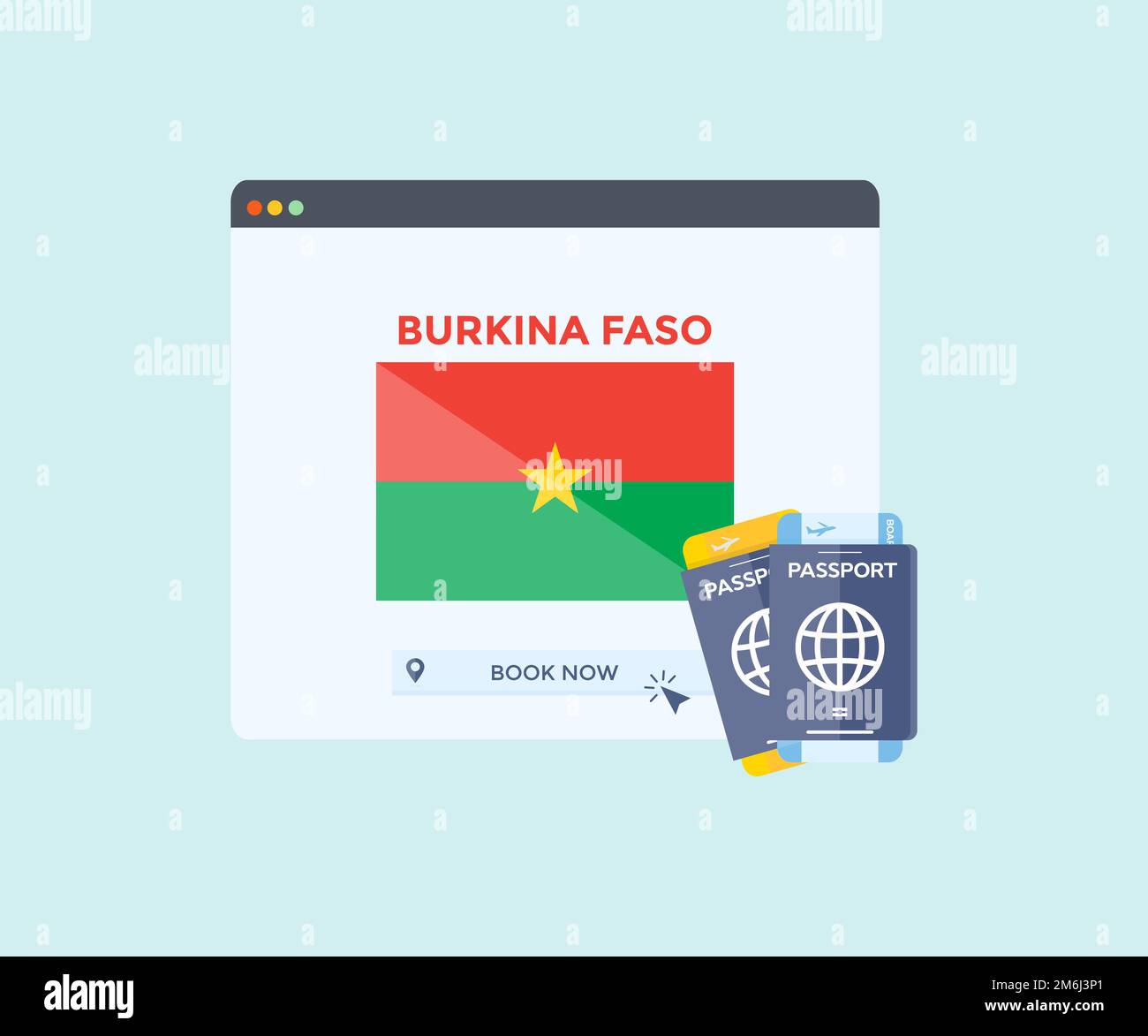 Online-Buchungsservice über Webbrowser-Website, Reise, Reiseplanungsland Burkina Faso Nationalflagge. Online-Reservierung von Flugtickets. Stock Vektor