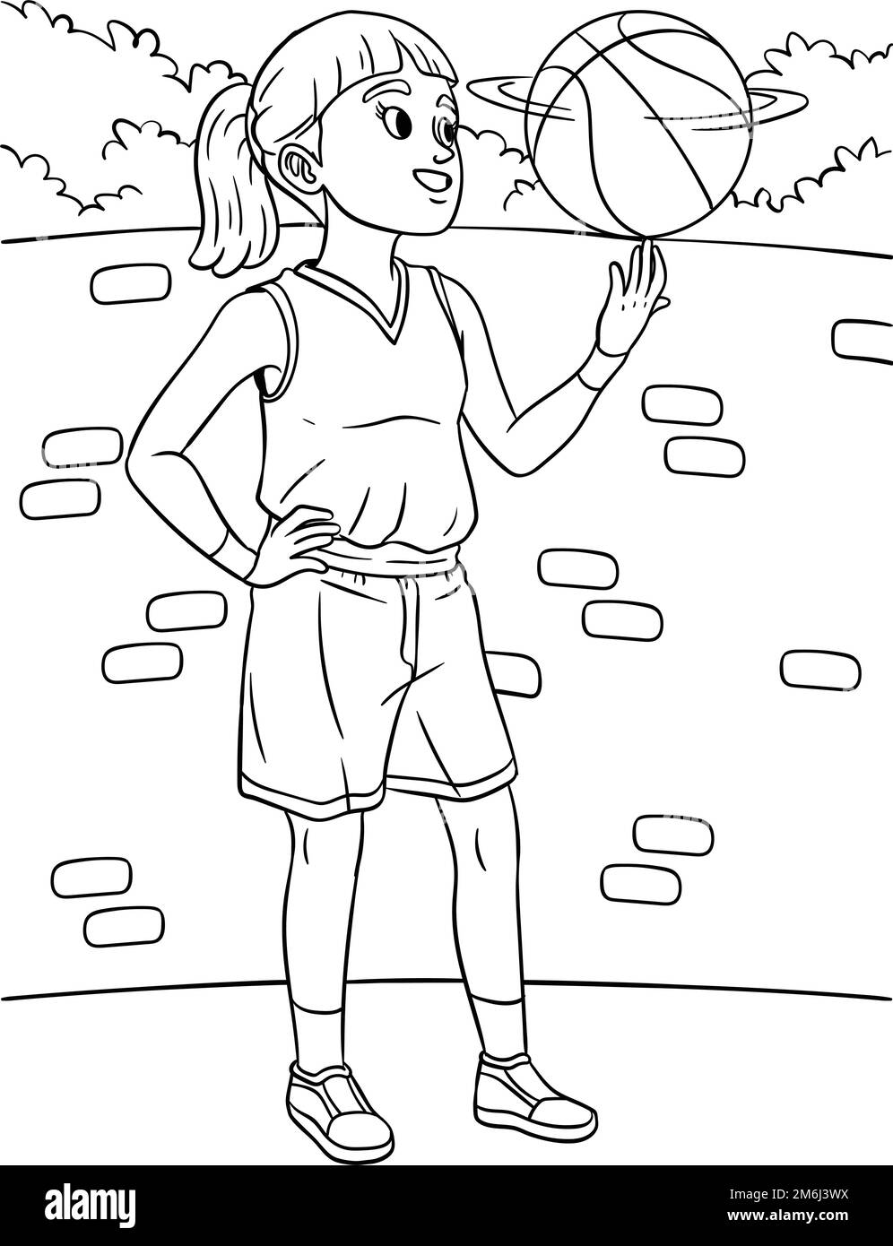 Basketball Girl dreht die Ball Malseite Stock Vektor