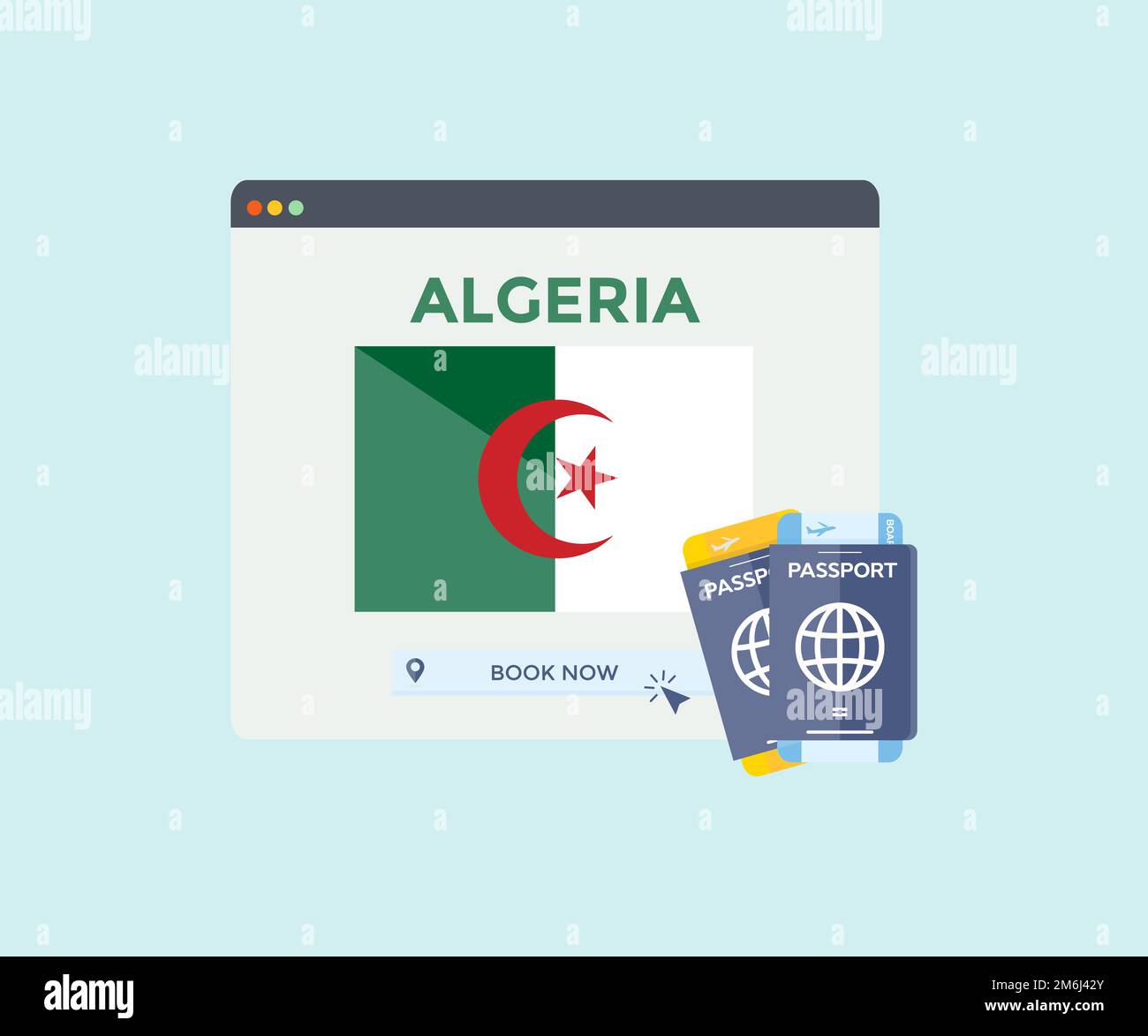 Online-Buchungsservice auf Webbrowser-Website, Reise, Reiseplanungsland Algerien Nationalflagge Logo Design. Online-Reservierung von Flugtickets. Stock Vektor