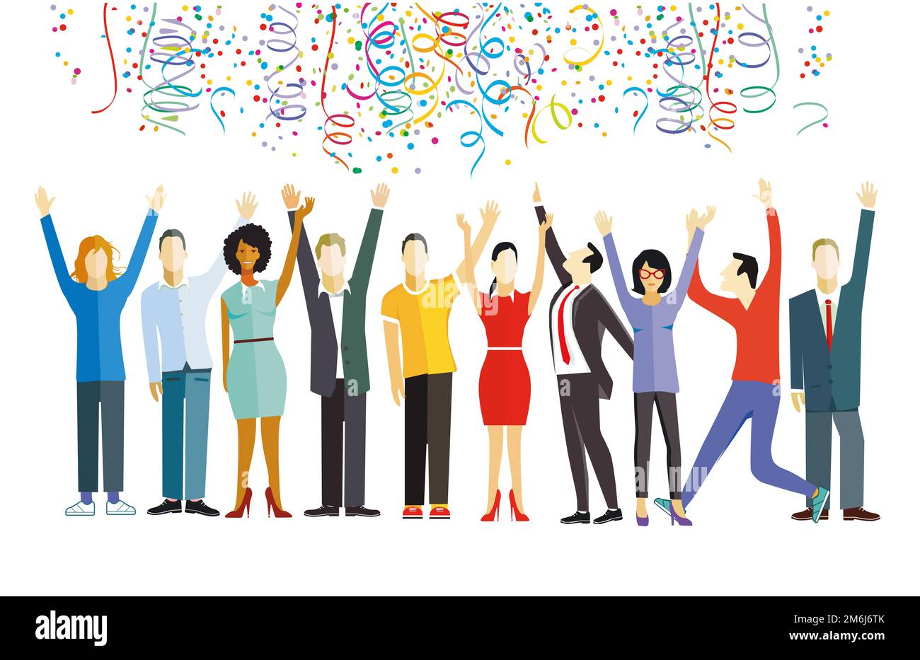 Eine Gruppe von Menschen jubeln und freuen sich, isoliert auf weißem Hintergrund. Llustration Stockfoto