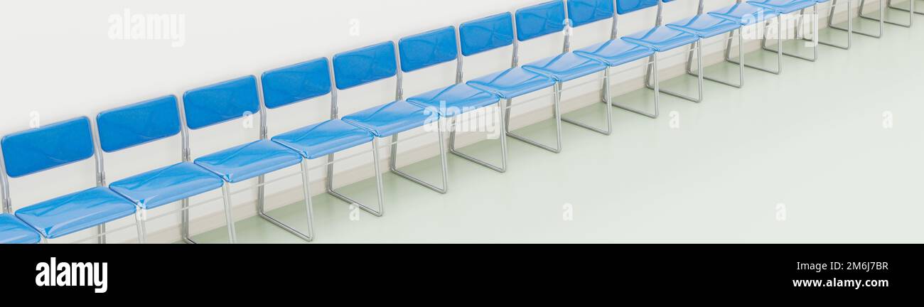 3D Render, 3D Illustration. Leeres Zimmer oder Büro mit Wartesesseln. Stockfoto