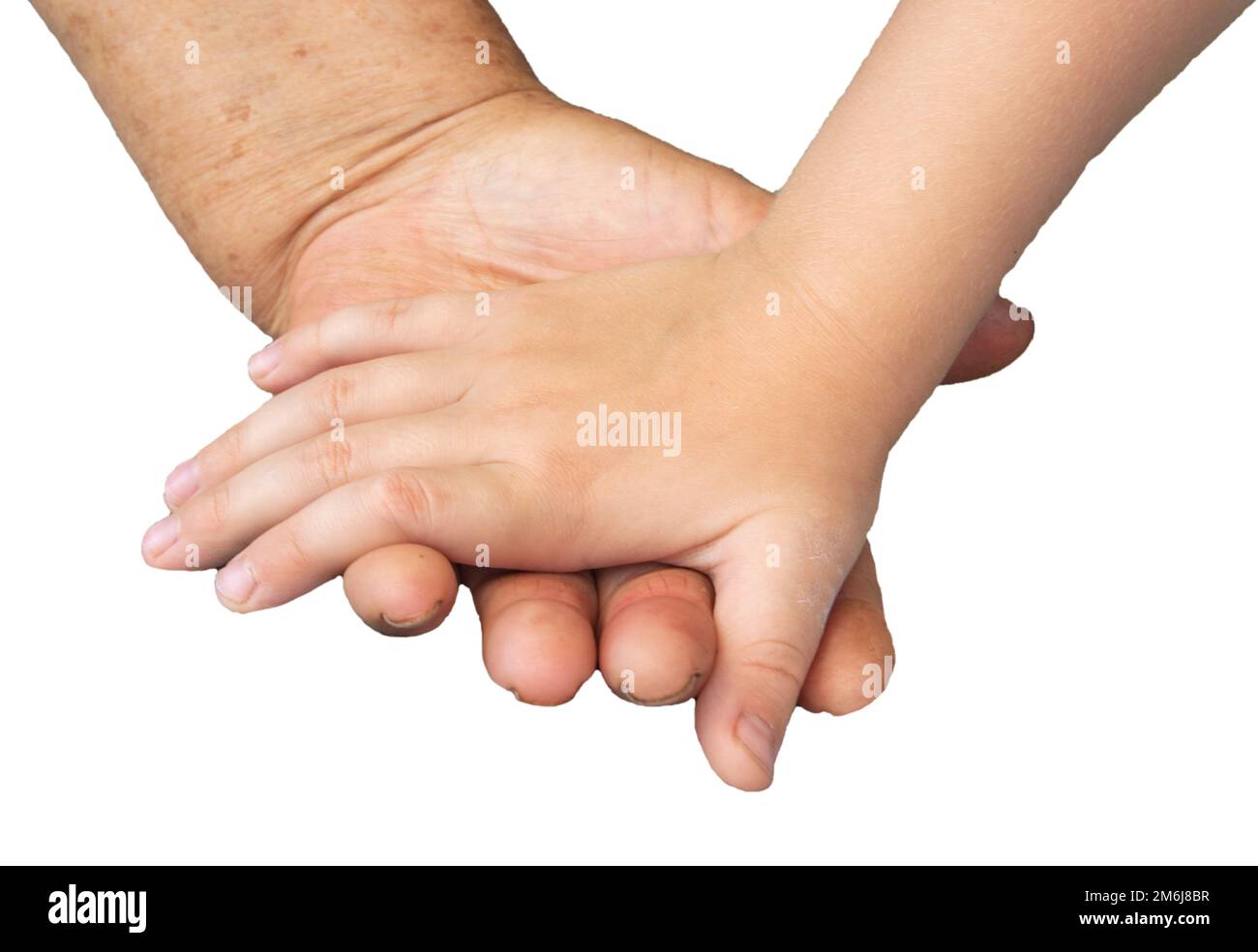 Nahaufnahme der Hände einer älteren Frau und eines kleinen Kindes, isoliert auf weißem Hintergrund, durch Schneiden. Weiches Fokusbild Stockfoto