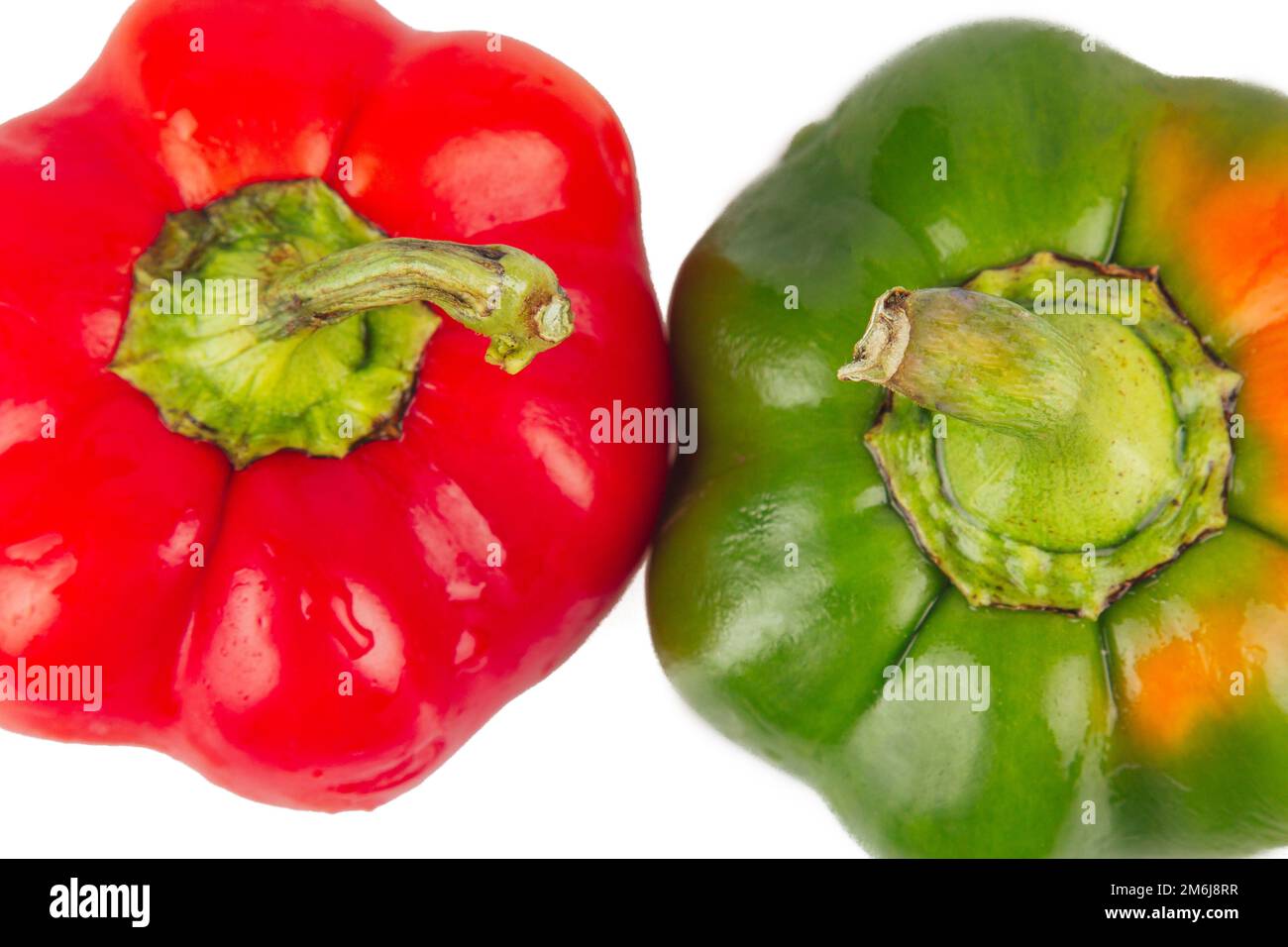 Paprika. Pfeffer isoliert auf weißem und grauem Hintergrund. Roter und grüner Pfeffer. Mit Beschneidung der Bahn. Nahaufnahme Makrofoto Stockfoto