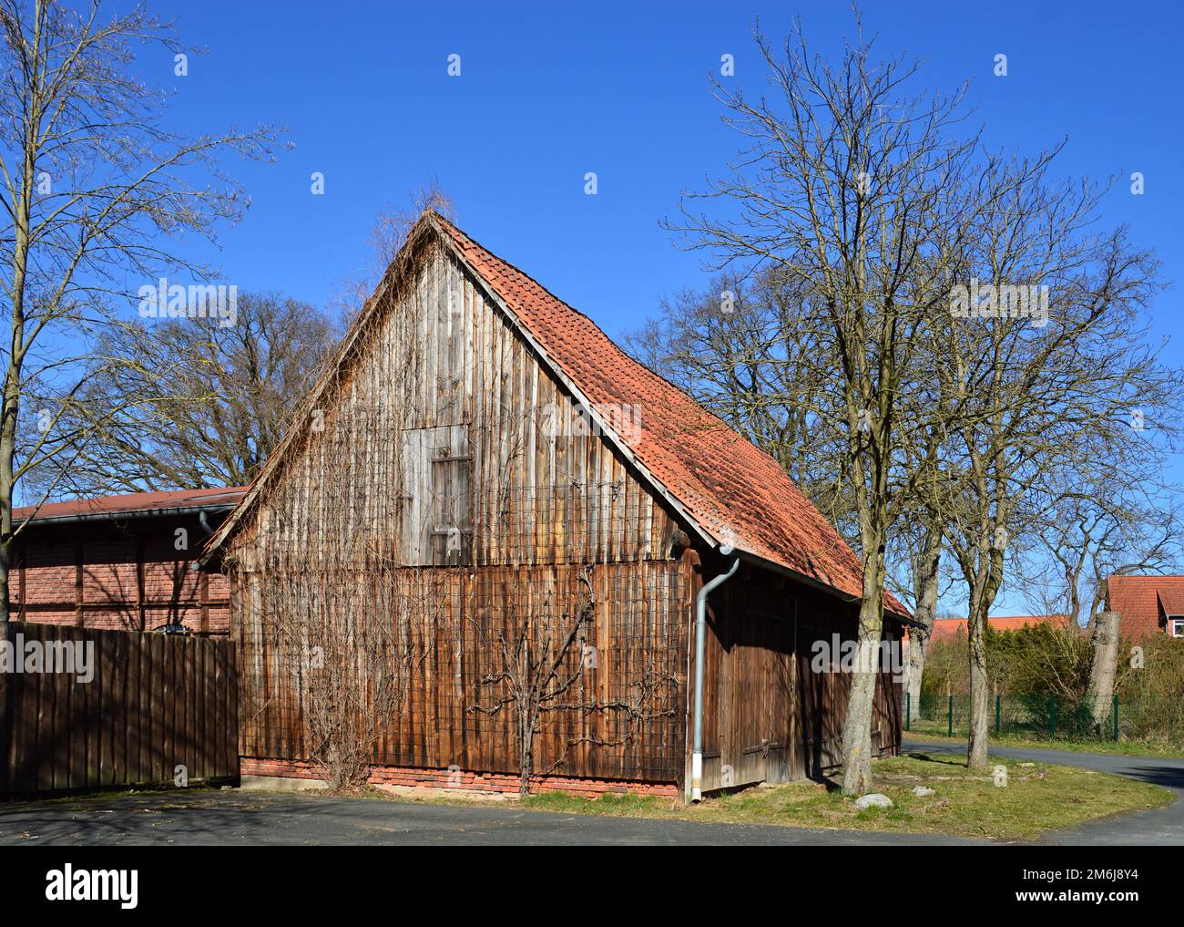 Historische Farm im Frühling im Dorf Hademstorf, Niedersachsen Stockfoto