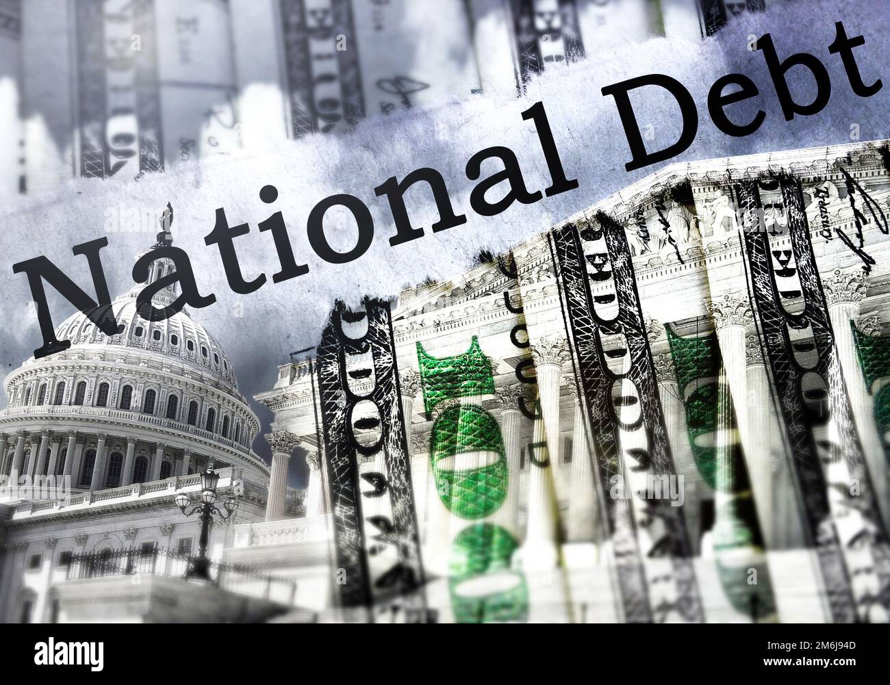 Capitol in Washington DC und National Debt Text Stockfoto