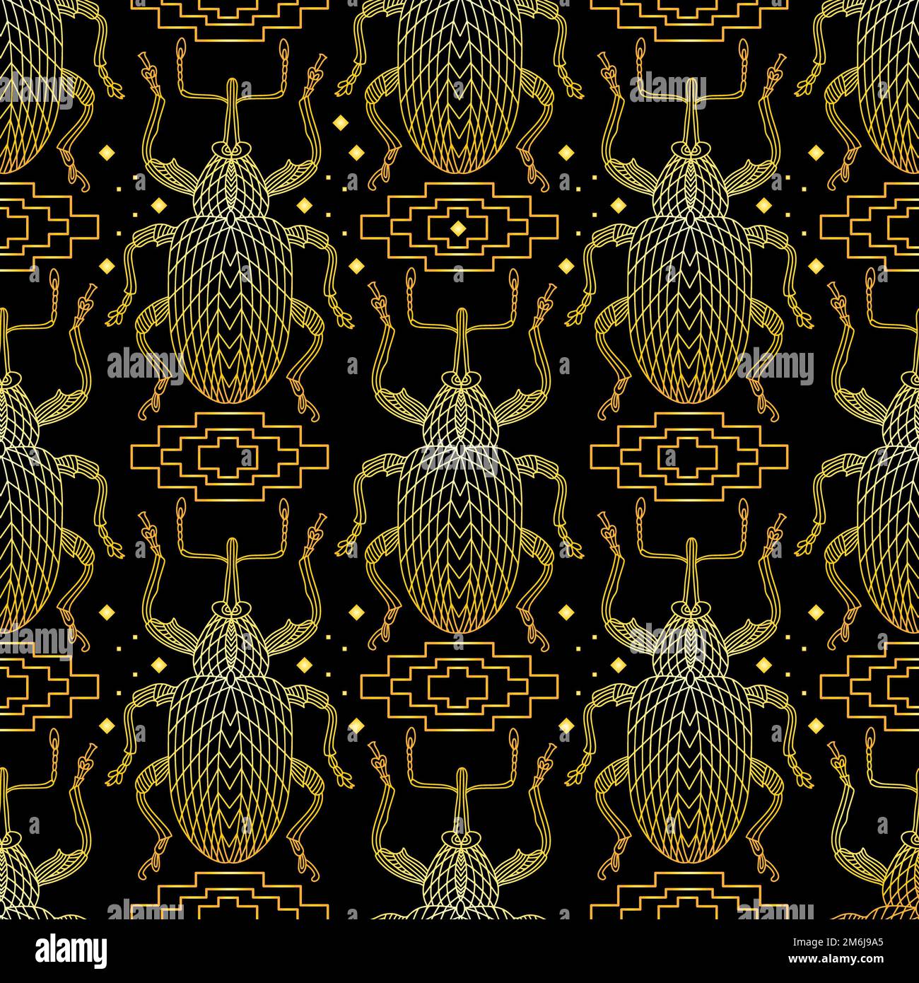 Nahtloses Muster mit goldenen Käfer und quadratischen Ornamenten im griechischen Stil. Stockfoto