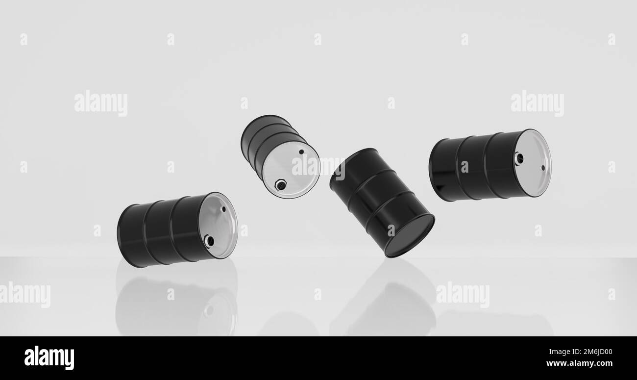 Wir lassen Rohölfässer fallen Stockfoto