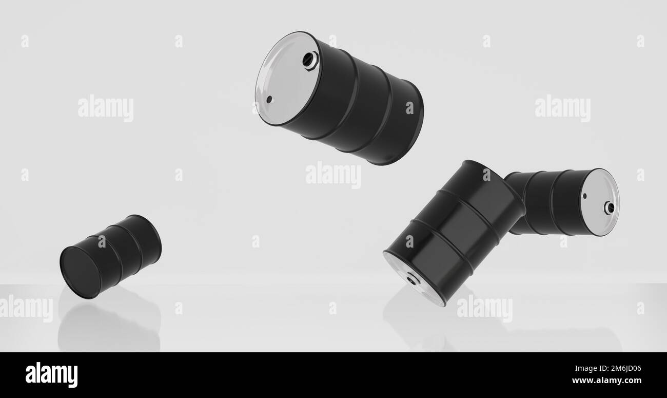 Wir lassen Rohölfässer fallen Stockfoto