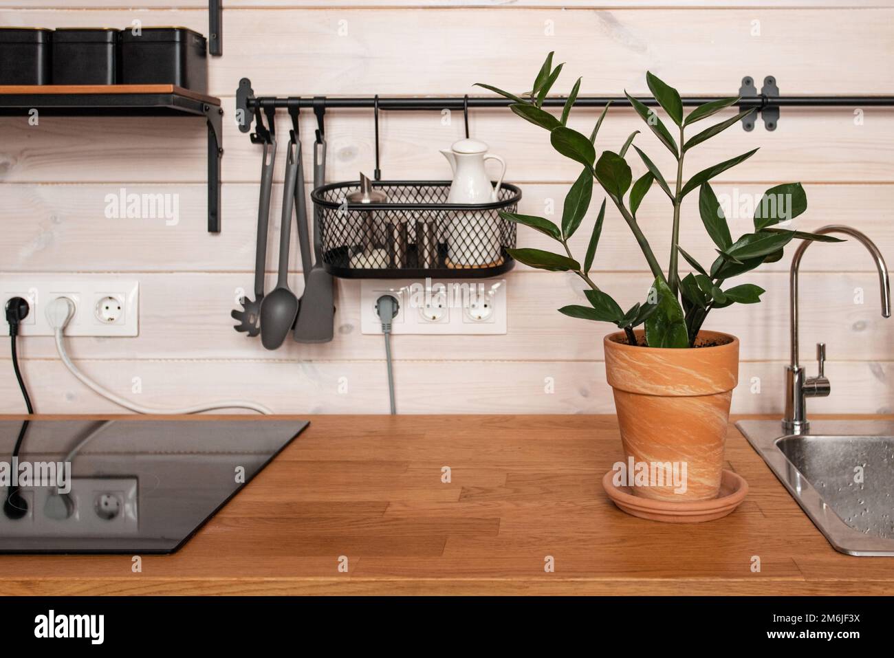 Küchenutensilien aus Messing, Küchenzubehör. Hängeküche mit weißen Fliesen an der Wand und Holztisch. Grüne Pflanze auf Küchenrückseite Stockfoto