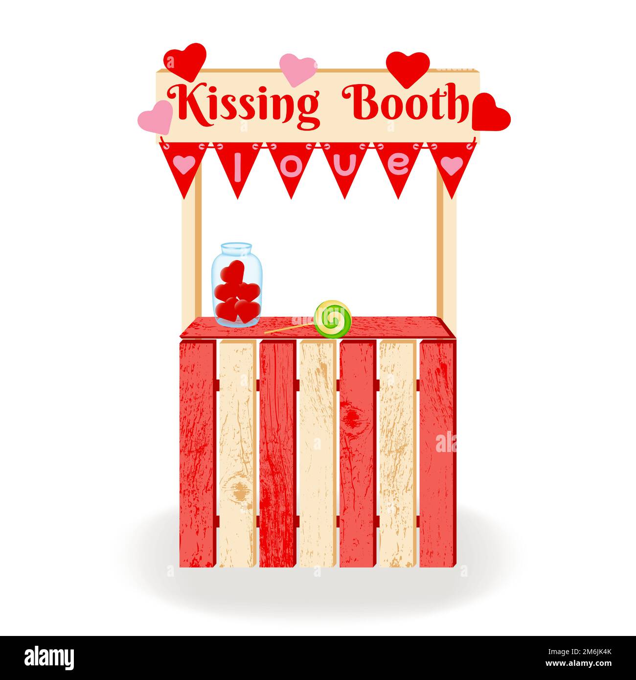 Küsschen. Hölzerne Kussbude mit Liebessymbolen und einer Girlande mit Flaggen. Zum Valentinstag, zur Hochzeit oder zum Geburtstag. Vektor Stock Vektor