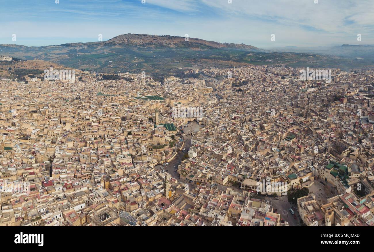 Antenne Panorama der Medina von Fes, Marokko Stockfoto