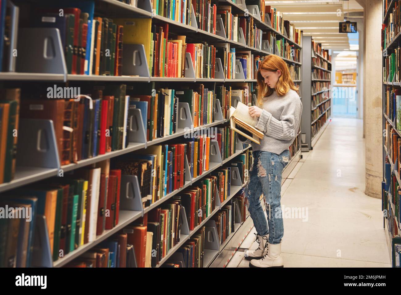 Teenager, die Bücher in der Bibliothek durchsucht. Stockfoto