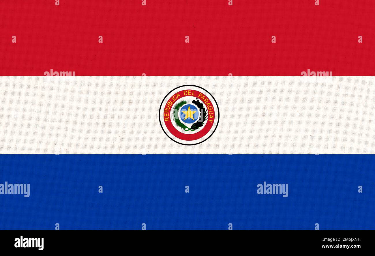 Flagge von Paraguay. Paraguay-Flagge auf Stoffoberfläche. Stoffstruktur Stockfoto
