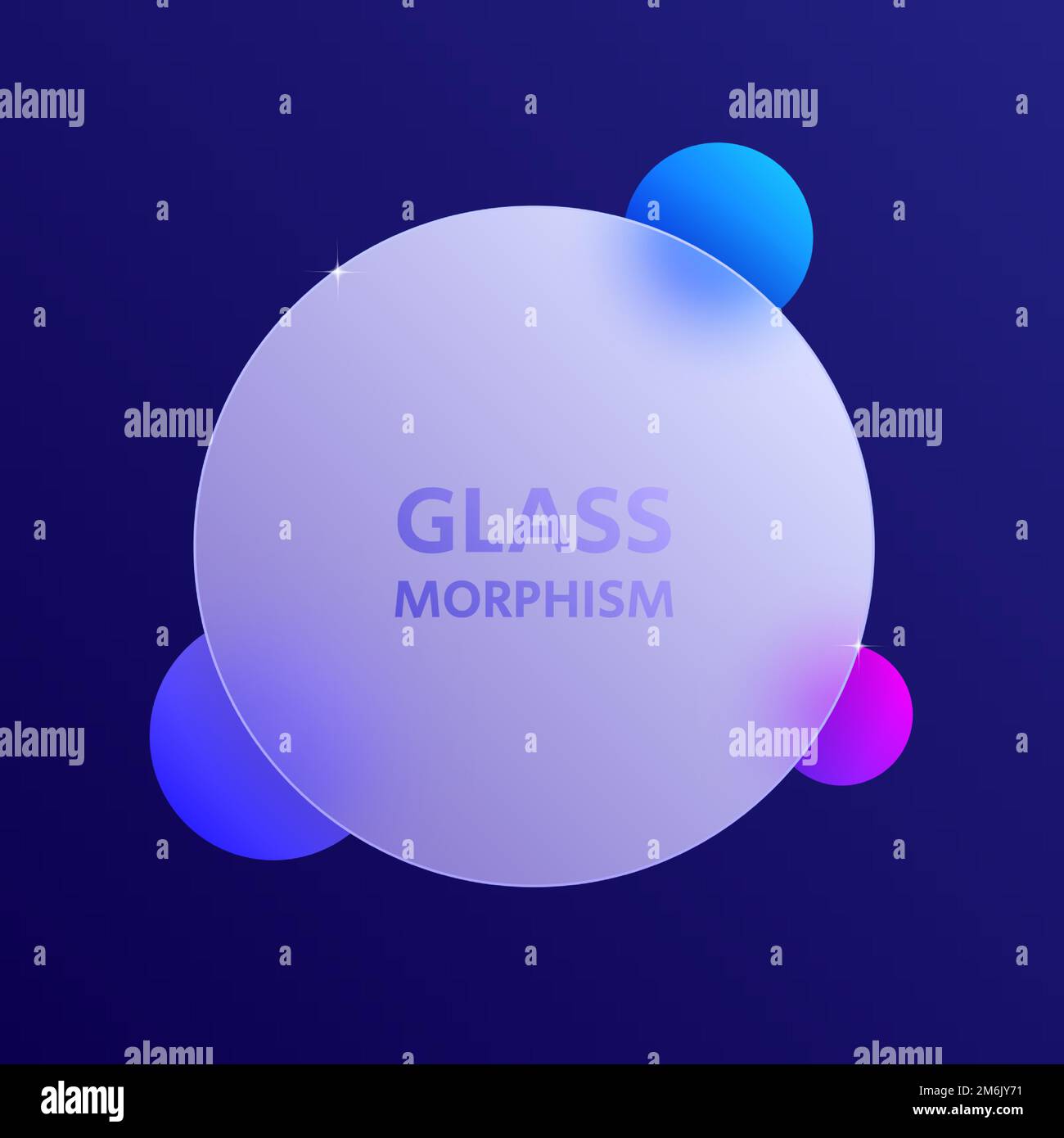Glassmorphismus-Effekt-Hintergrund. Transparenter, matter Glaskreis mit bunten Kugeln. Dunkles Thema. Vektor Stock Vektor