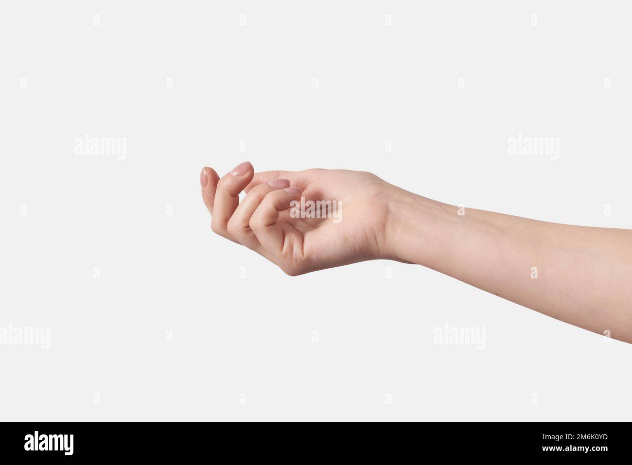 Weibliche Hand Geste sanftes Berühren auf weiß. Stockfoto