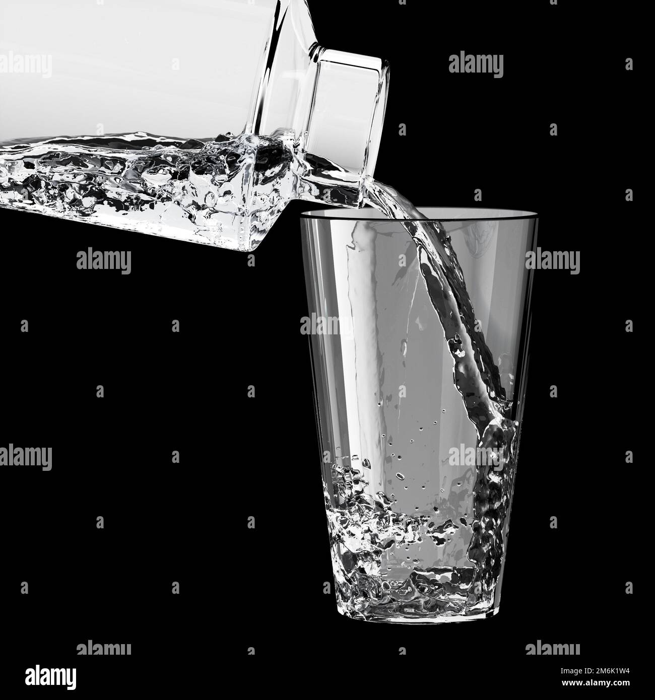 Wasser, das aus einer Flasche auf schwarzem Hintergrund in ein durchsichtiges Glas fließt. Poster „gesunder Lebensstil“. Stockfoto
