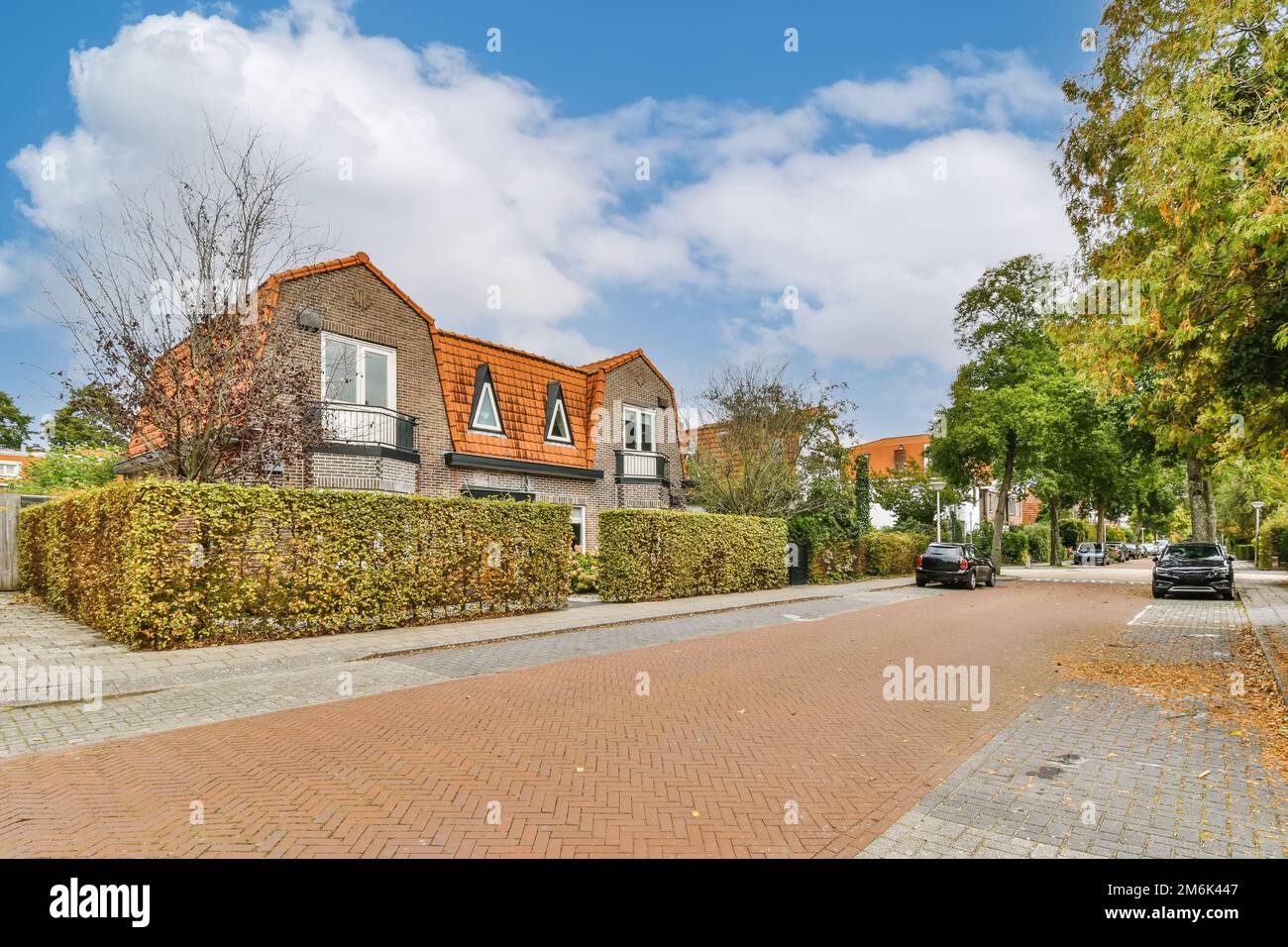 Eine leere Straße in den niederlanden mit Häusern und Bäumen auf beiden Seiten, da steht ein Auto am Bordstein Stockfoto