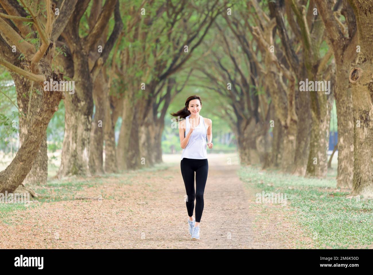 Eine gesunde junge Frau, die morgens im Park läuft Stockfoto