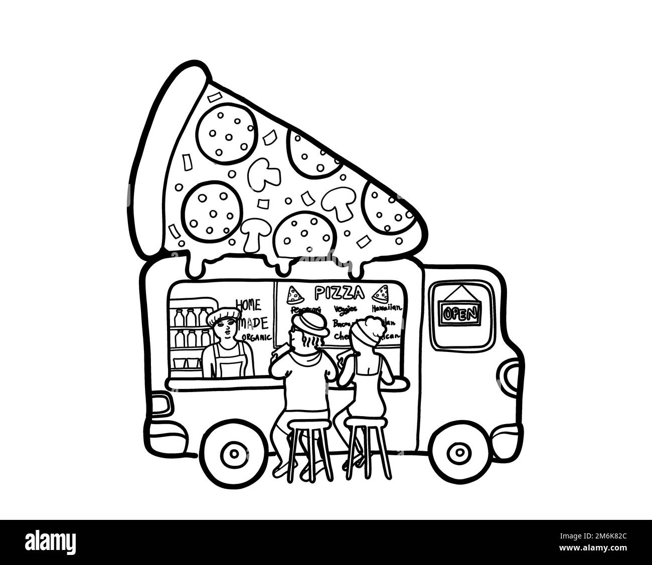 Ein Street Food Truck mit einem Verkäufer, der Pizza an Kunden verkauft. Essen zum Mitnehmen im Freien und Konzept für kleine Unternehmen. Stockfoto