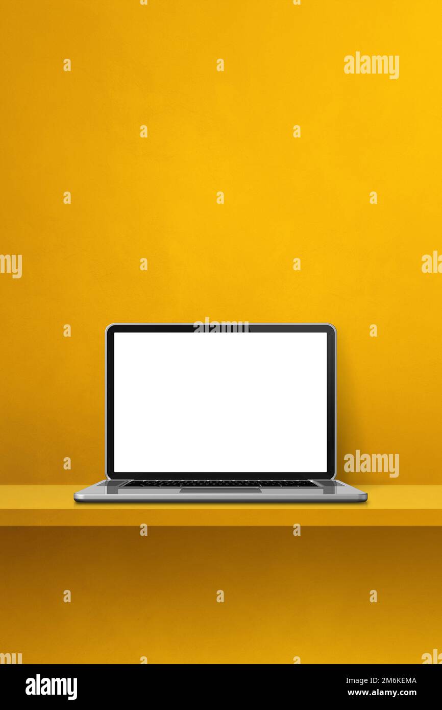 Laptop-Computer auf gelbem Regal. Vertikaler Hintergrund Stockfoto