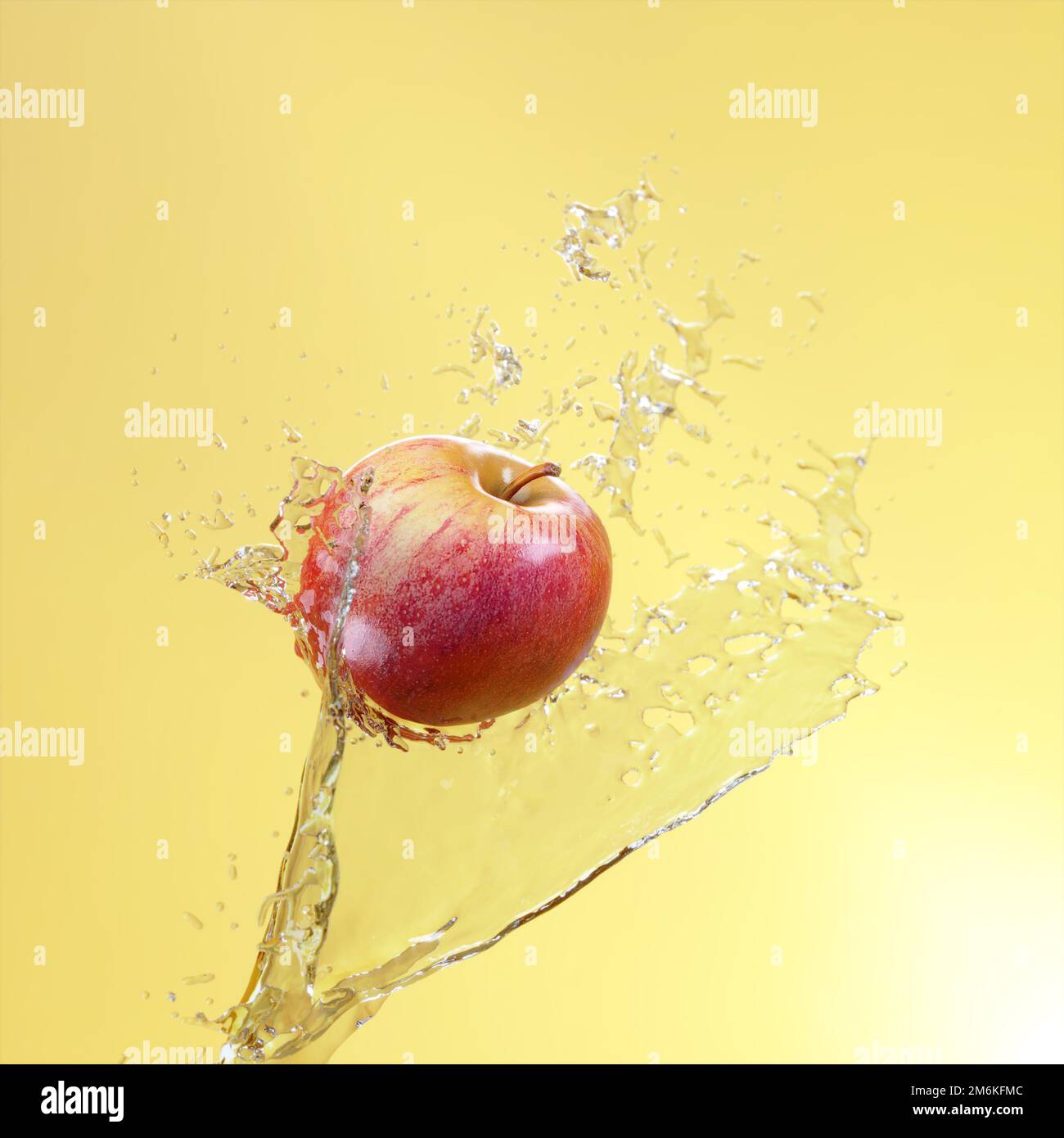 Ein saftiger und reifer Apfel, der in einem Fluss aus Spritzwasser auf gelbem Hintergrund fliegt. Werbeplakat. 3D-Rendering Stockfoto