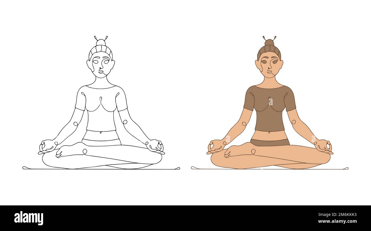 Vektordarstellung eines Mädchens, das Yoga macht und in der Lotusposition sitzt. Eine schöne Frau meditiert. Stockfoto