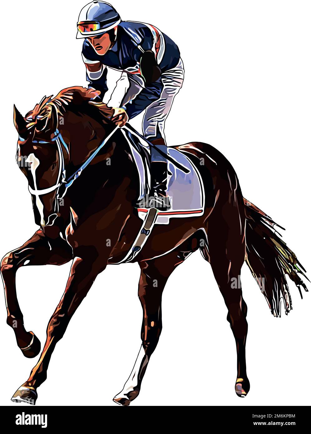 Rennpferd mit Jockey bei Rennen. Isoliert auf weißem Hintergrund Stockfoto