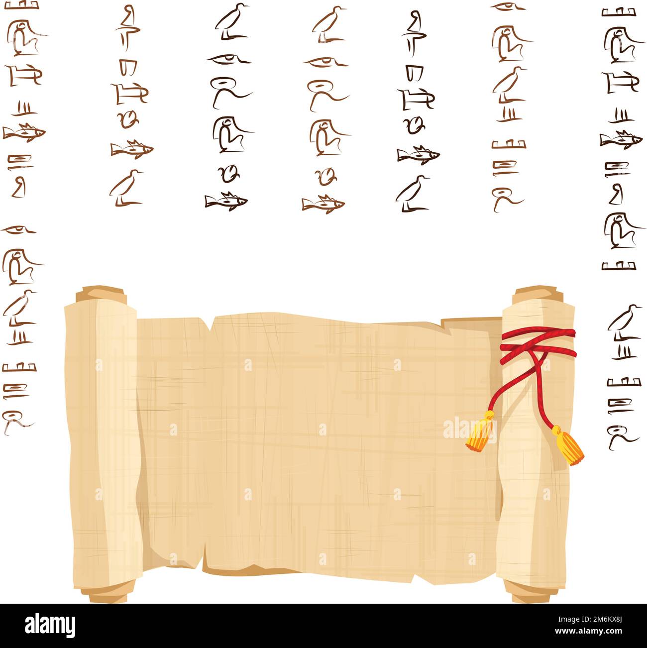 Alte ägyptische Papyrus-Schriftrolle dekoriert mit roter Kordel-Cartoon-Vektorgrafik. Ägyptisches Kultursymbol, entfaltetes, altes Papier zur Speicherung von Informationen, isoliert auf weißem Hintergrund Stock Vektor