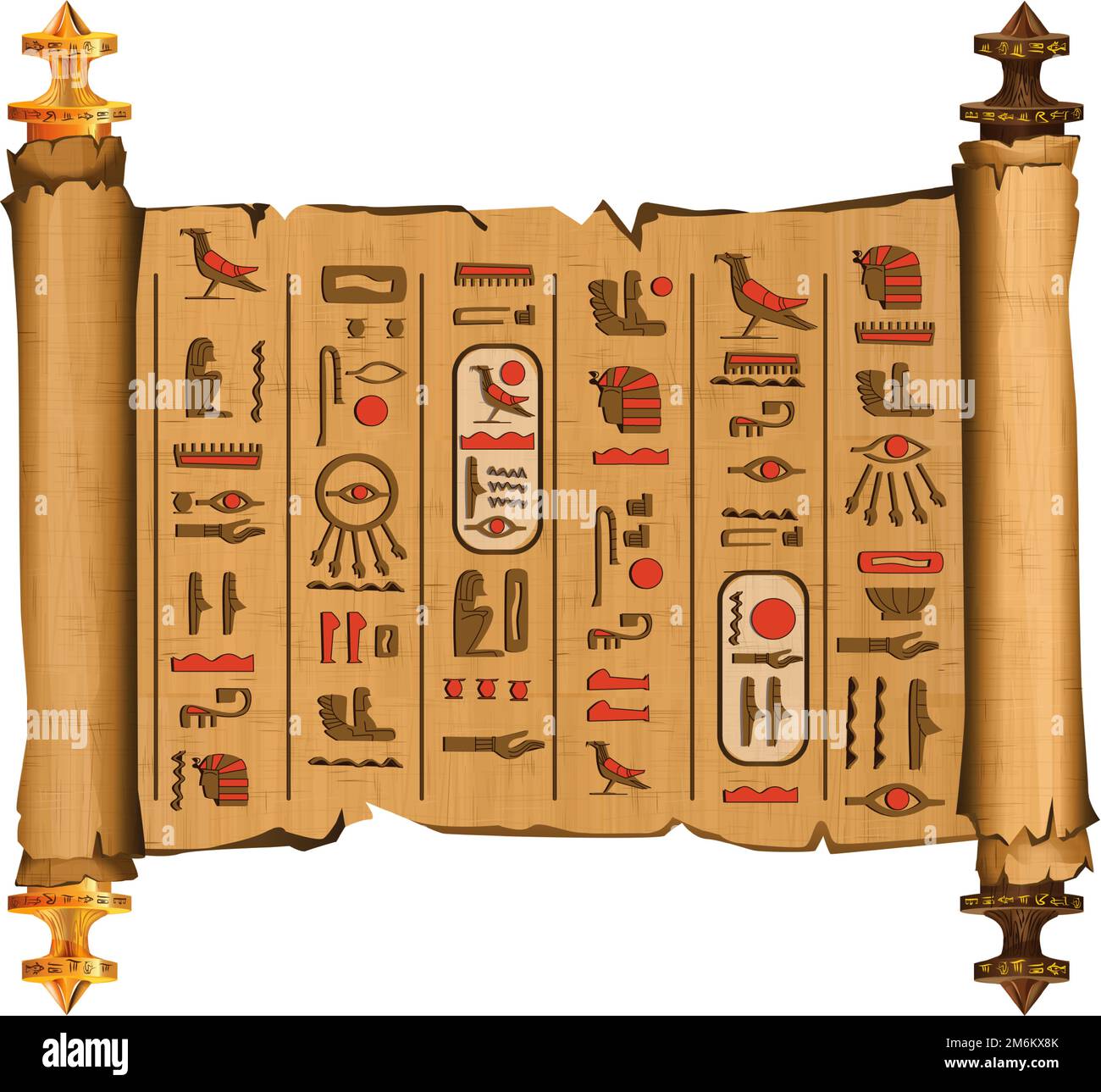 Alte ägyptische Papyrus-Schriftrolle mit Holzstäbchen-Cartoon-Vektor. Antikes Papier mit Hieroglyphen und ägyptischen Kultursymbolen, antiken Göttern, heiligen Vogel, isoliertes Manuskript auf weißem Hintergrund Stock Vektor